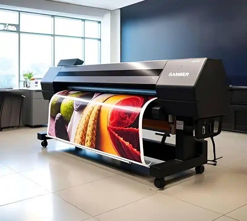 A high-speed industrial printer at the Barir Smart Printing facility in Muscat, specialized in large format printing and high-resolution vinyl graphics.